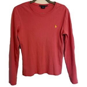 Ralph Lauren Sport Coral Pink Long Sleeve Crew Neck Polo Shirt Women's Size L